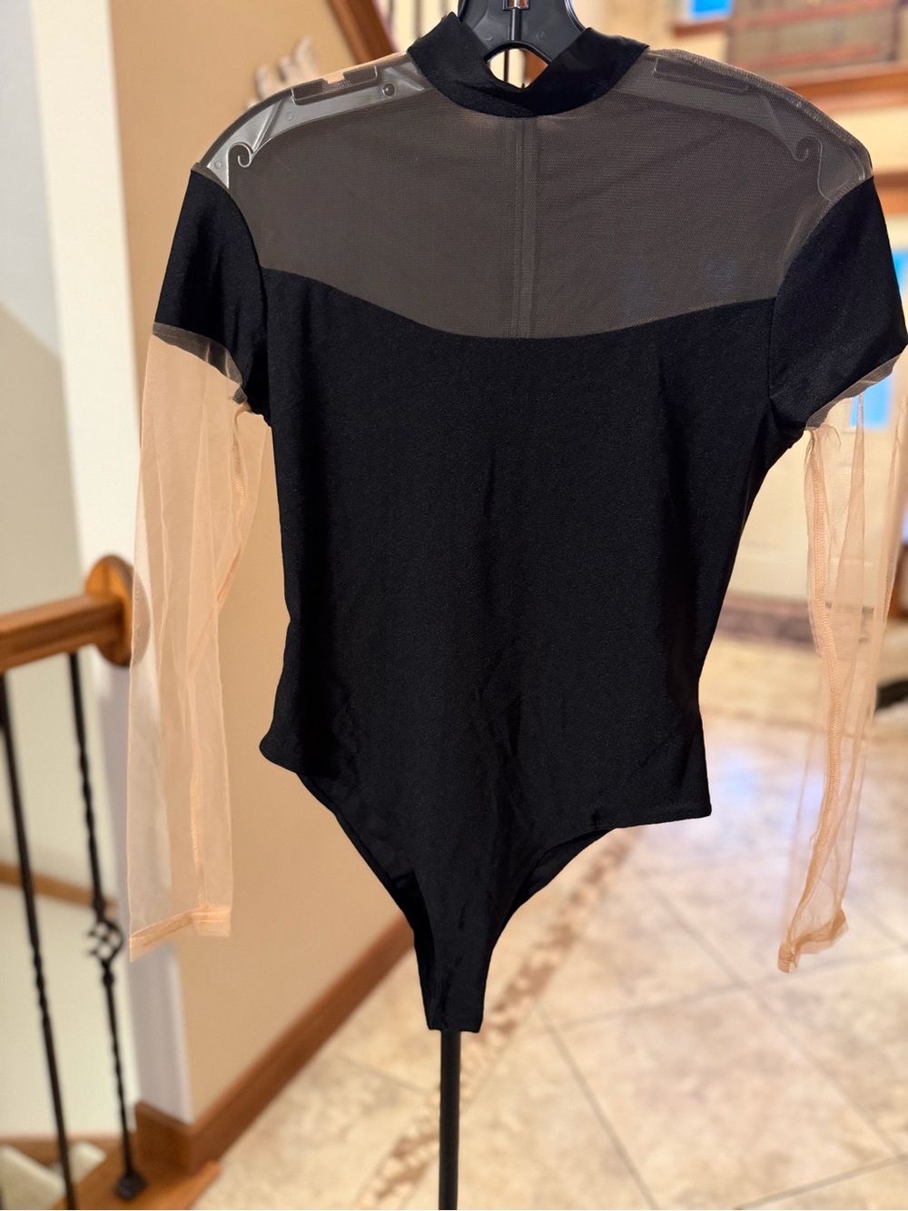 Fashion Nova See Through Bodysuit Medium Black Nude Sheer Mesh NWT